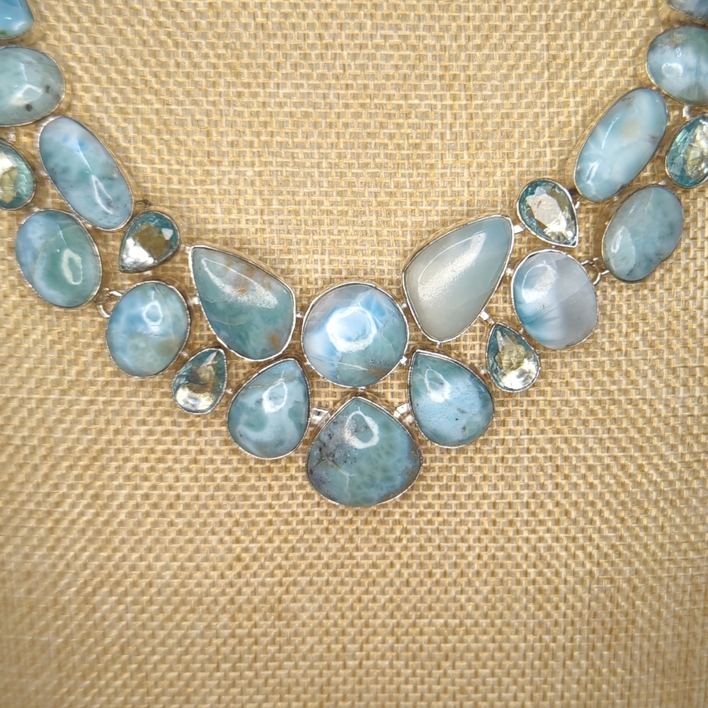 Natural Larimar Statement Necklace With Aquamarine Accents - Picture 6 of 8